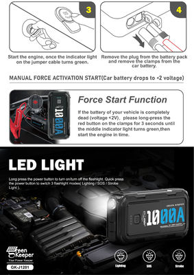 J1201 피크 1000A 10000mAh 전류 휴대용 12V 배터리 오토바이 점프 스타터