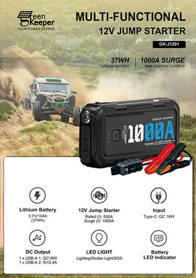 1000A 12V 휴대용 자동차 전력 은행 LED 라이트와 USB-A 충전 출력