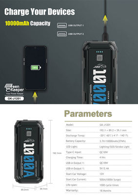 1000A 12V 휴대용 자동차 전력 은행 LED 라이트와 USB-A 충전 출력