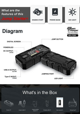 다기능 자동차 점프 스타터 20000mAh 용량 및 3000A 피크 전류 비상용
