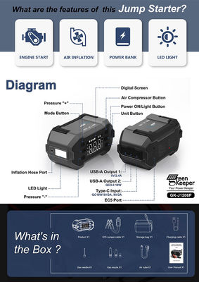 4 in 1 Car Booster Power Bank Jump Starter 내장 공기 압축기와 펌퍼