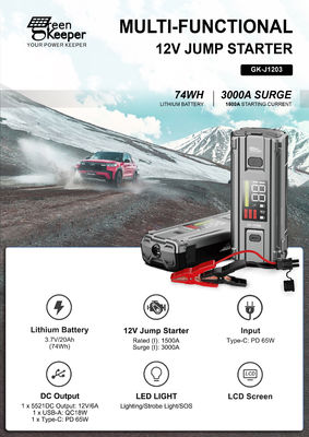 자동차 비상 배터리 J1203 피크 3000A 20000mAh 부스트 점프 스타터 8.0L 차량