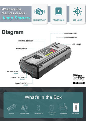 자동차 비상 배터리 J1203 피크 3000A 20000mAh 부스트 점프 스타터 8.0L 차량