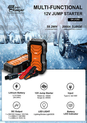 QC 18W 입력 GreenKeeper UltraSafe 슈퍼 콘덴시터 2000A 배터리 점프 스타터 LED 조명